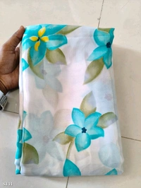 Blue Flower Soft Silk Printed Saree with Blouse Piece
