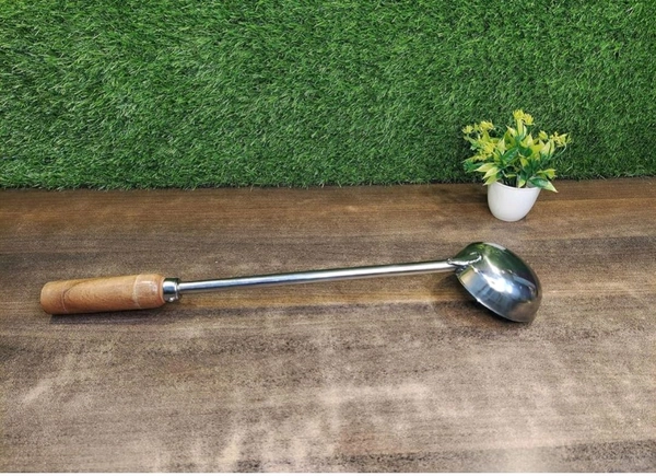Stainless Steel Extra Big/Large Chinese Food Cooking Ladle/Long Spoon with Wooden Handle Commercial Purpose Kitchen Restaurant and Party use Only Size XXL Large-Size (Quantity- 01pc)