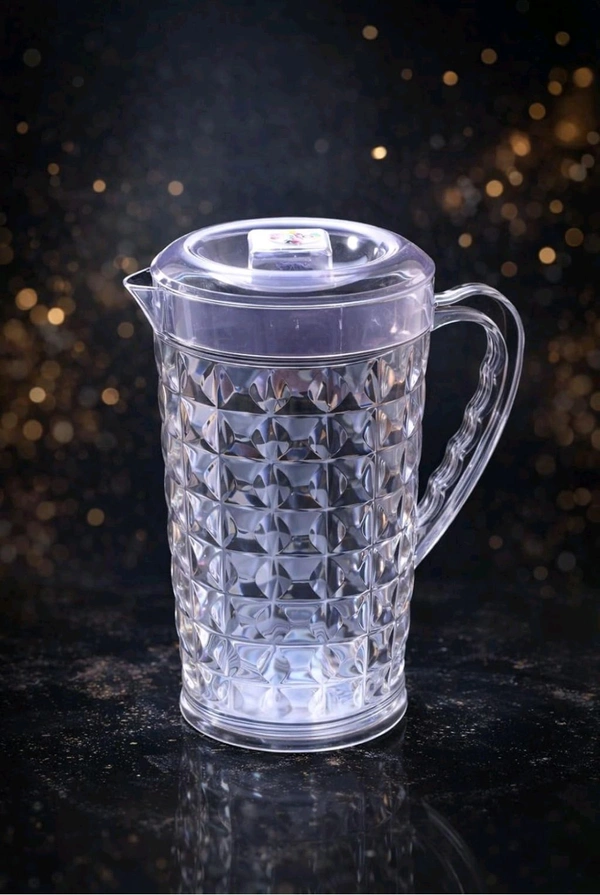 Mocktail Clear Plastic Water Jug with Lid, Diamond-Cut Design, 135mm Dia x 235mm Height 1.5 L