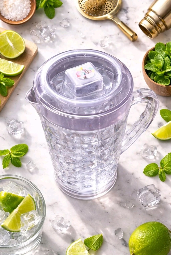 Mocktail Clear Plastic Water Jug with Lid, Diamond-Cut Design, 135mm Dia x 235mm Height 1.5 L