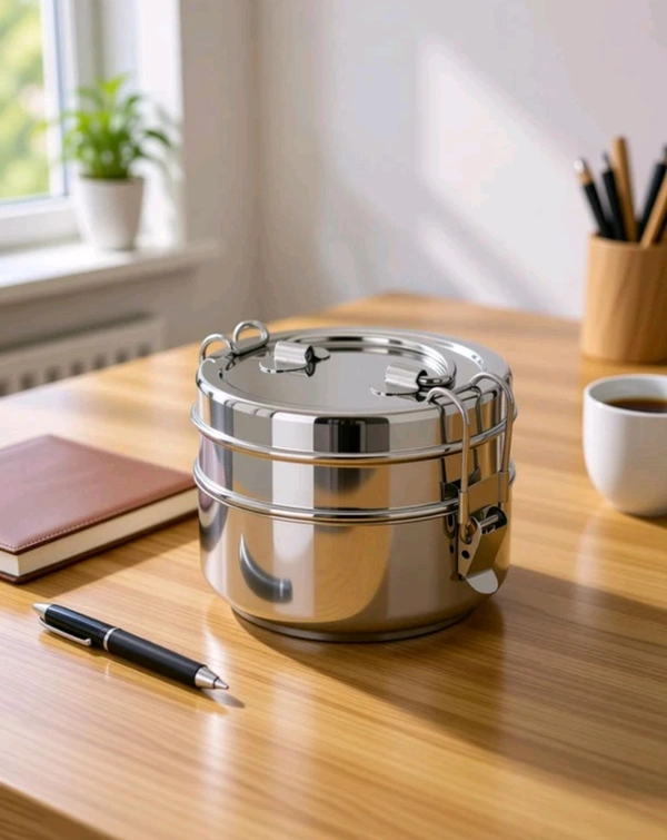 Lunch Box Tiffin With Locking Clip 2- Tier Containers Stainless Steel 800 Ml
