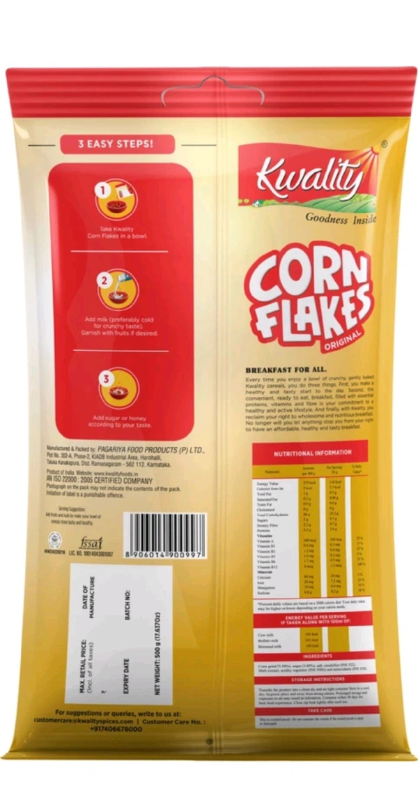 Kwality Corn Flakes, Natural Source Of Vitamins, Iron & Proteins, Breakfast Cereals Pouch 500g