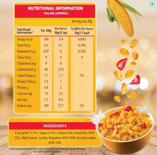 Kwality Corn Flakes, Natural Source Of Vitamins, Iron & Proteins, Breakfast Cereals Pouch 500g