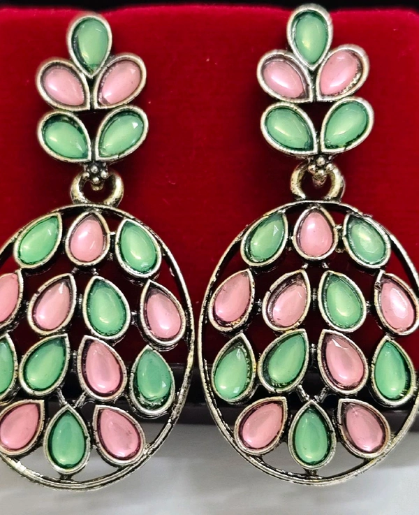 Black Kuthan Stone Hanging Earrings - green and pink