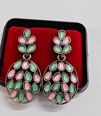 Black Kuthan Stone Hanging Earrings - green and pink