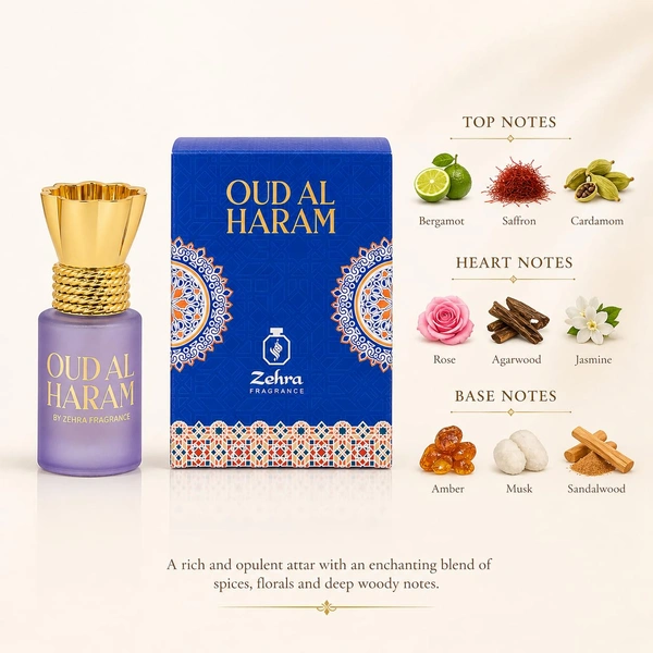 ZEHRA 6ml Oud Al Haram Attar for Long Lasting Fragrance Upto 8 to 10 Hours | Alcohol free Pure Itra for Man & Woman | Luxury Gift Choice With Notes of Oud Amber Sandalwood