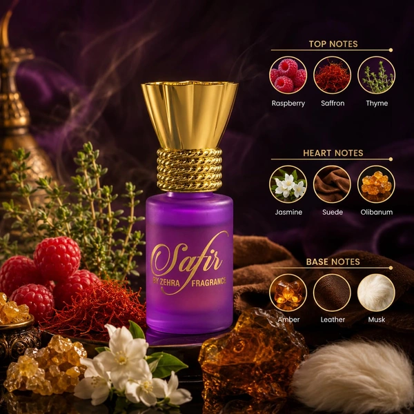 ZEHRA 6ml Safir Attar for Long Lasting Fragrance Upto 8 to 10 Hours | Alcohol free Pure Itra for Man & Woman | Luxury Gift Choice With Notes of Saffron Jasmine Leather