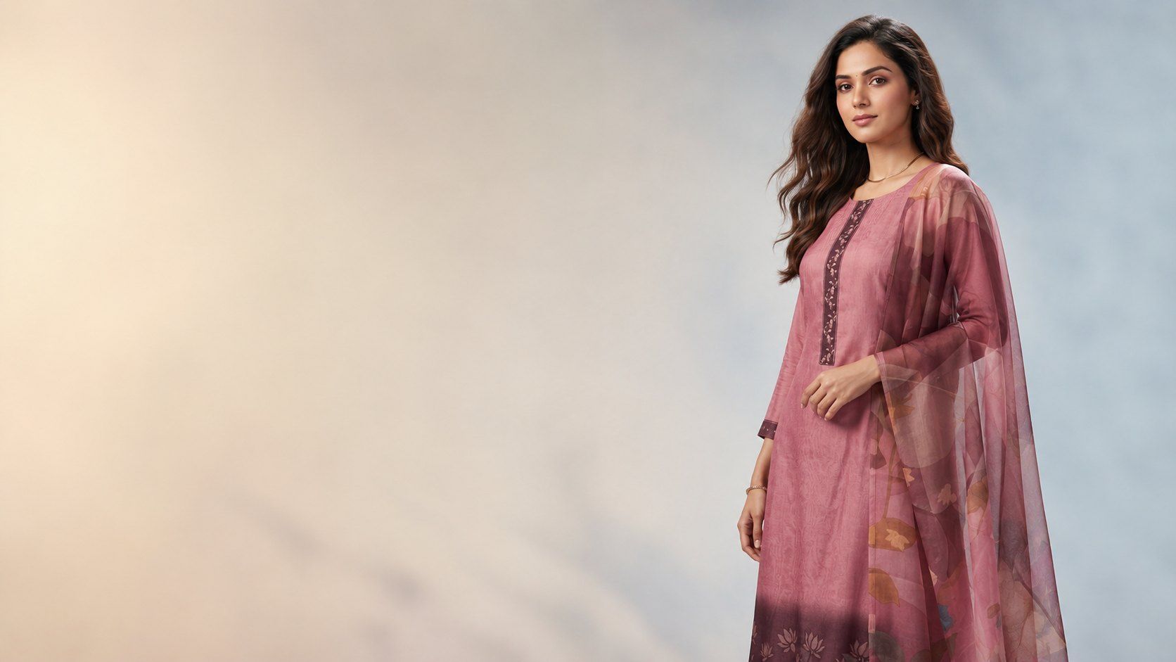 Model wearing a Rooh Kinara dusty-rose Mul Cotton suit set