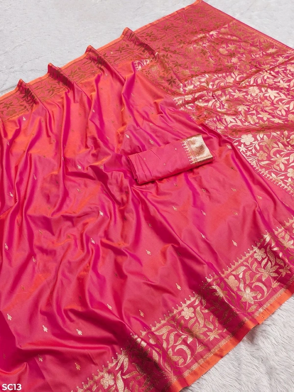 Soft Pure Banarasi Silk Saree With Zari Weaving, Matching Blouse, Multiple Colors