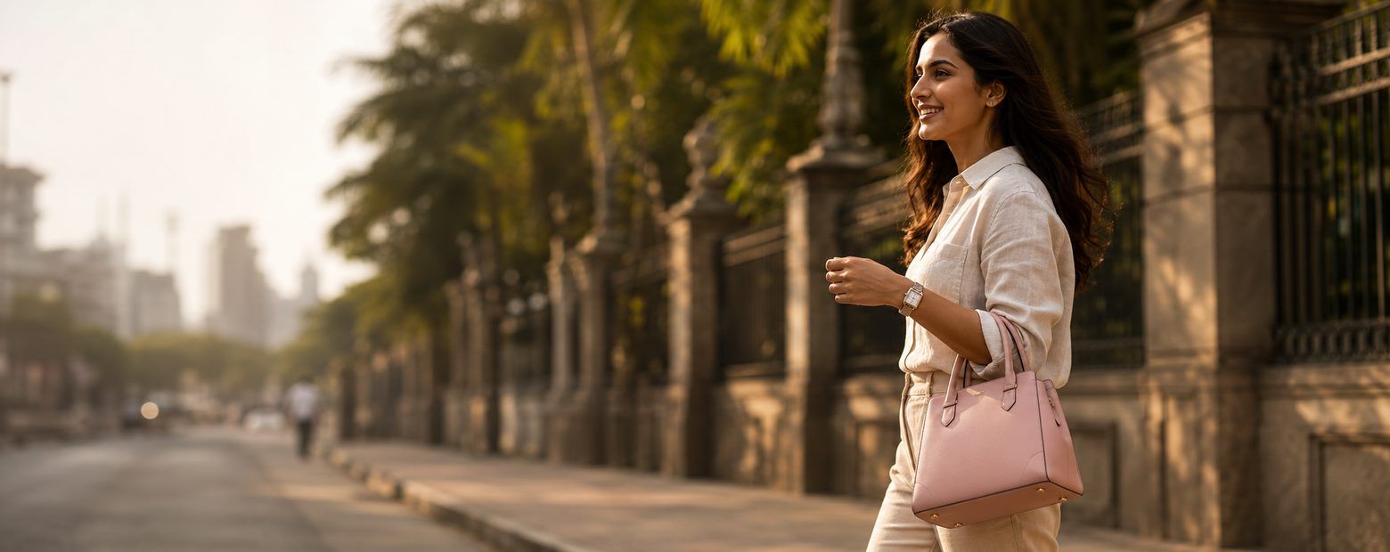 A woman carrying a blush-pink handbag on a sunlit Mumbai street