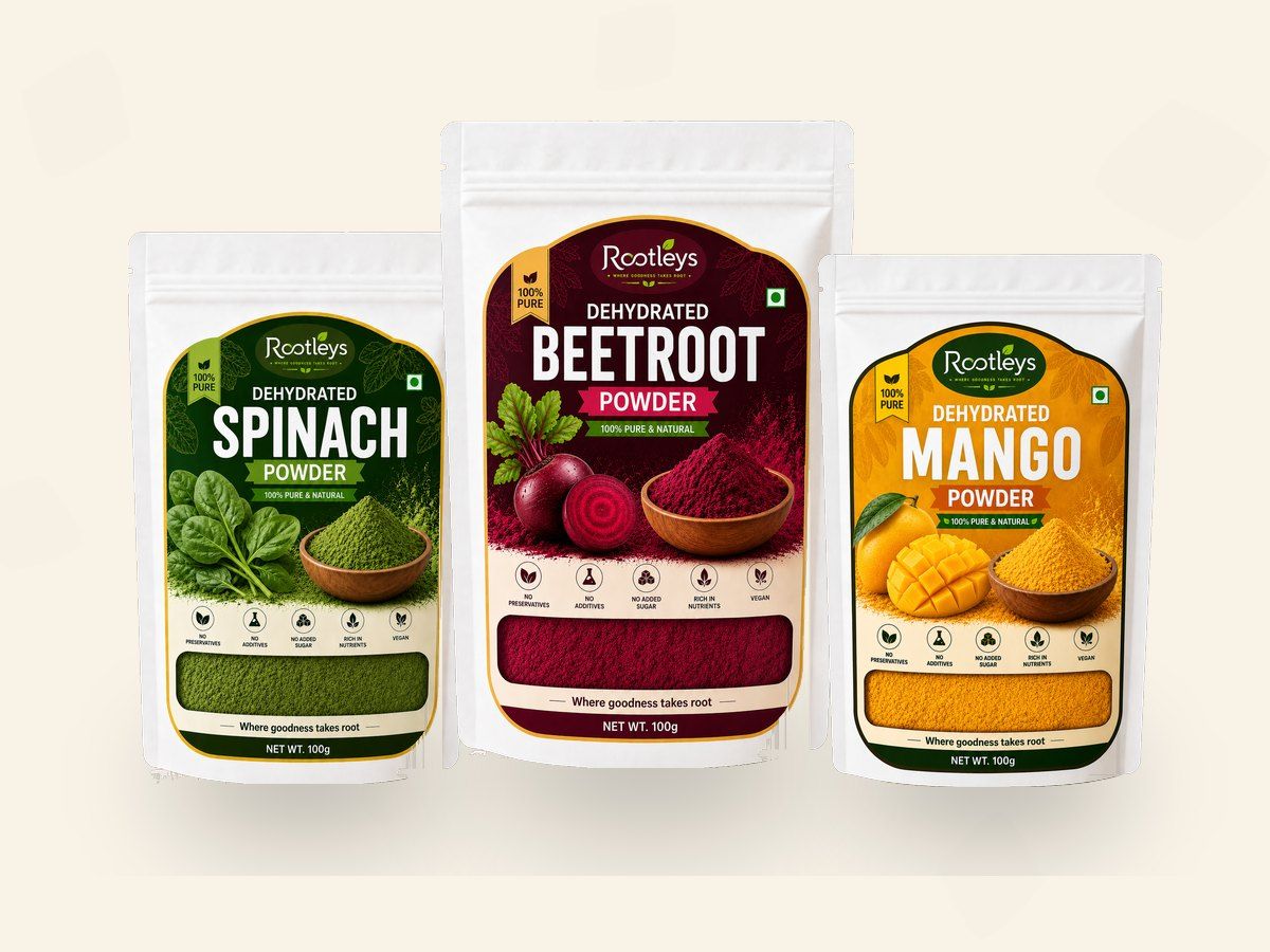Rootleys spinach, beetroot and mango powder packs