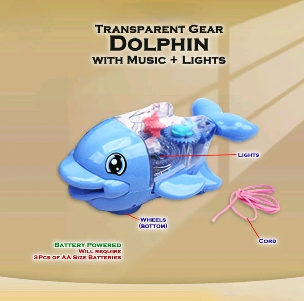 Transparent Gear Dolphin Toy with Flashing Lights and Music, Battery Operated, 360 Degree Rotating, for 3+ Years Kids, Multicolor