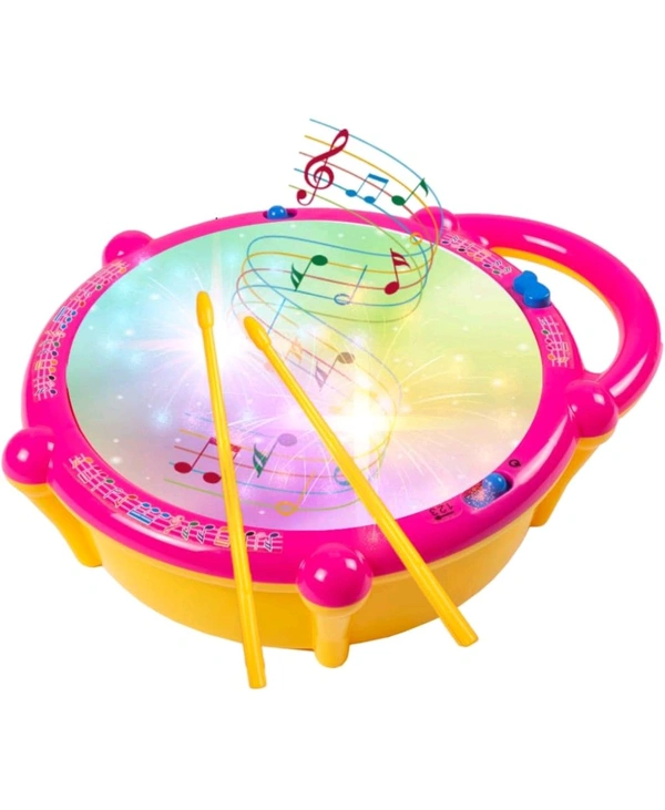 Battery Operated 3D Flash Drum Toy with Flash Light & Music Effects | Dynamic Musial Instrument Toy with 2 Mallets for Toddlers | Pink Color, Power Source: 3xAA Battery