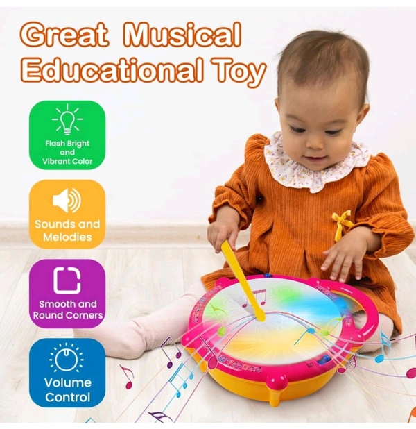 Battery Operated 3D Flash Drum Toy with Flash Light & Music Effects | Dynamic Musial Instrument Toy with 2 Mallets for Toddlers | Pink Color, Power Source: 3xAA Battery