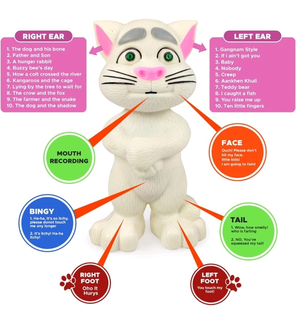 Intelligent Talking Tom Cat, Speaking Robot Cat Repeats What You Say, Touch Recording Rhymes and Songs, Musical Cat Toy for Kids (3+ Years, White)