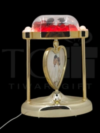 a personalized heart-shaped LED photo frame lamp with a rotating center photo display.