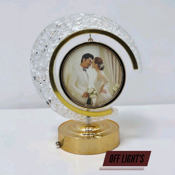 personalized crystal LED crescent Circle lamp with a rotating heart-shaped photo frame.