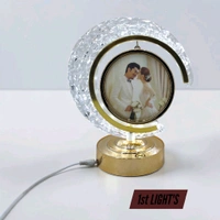 personalized crystal LED crescent Circle lamp with a rotating heart-shaped photo frame.