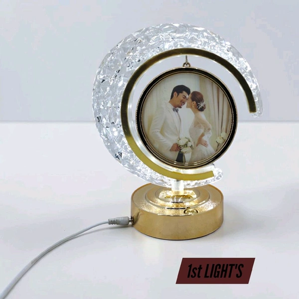 personalized crystal LED crescent Circle lamp with a rotating heart-shaped photo frame.