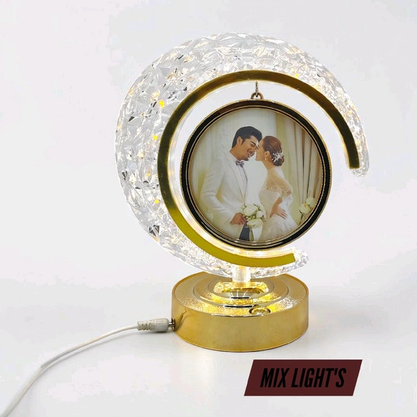 personalized crystal LED crescent Circle lamp with a rotating heart-shaped photo frame.