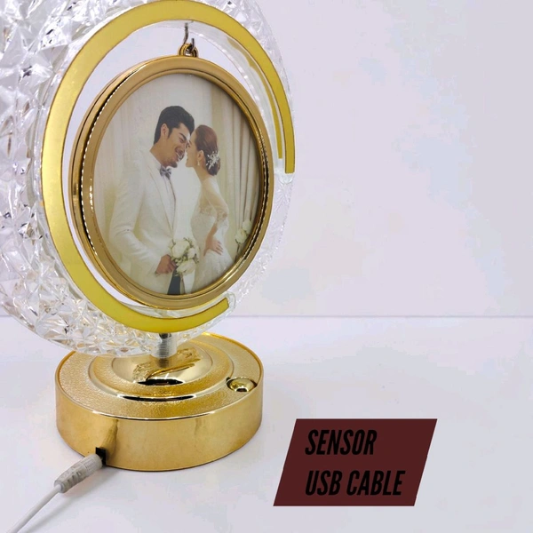personalized crystal LED crescent Circle lamp with a rotating heart-shaped photo frame.