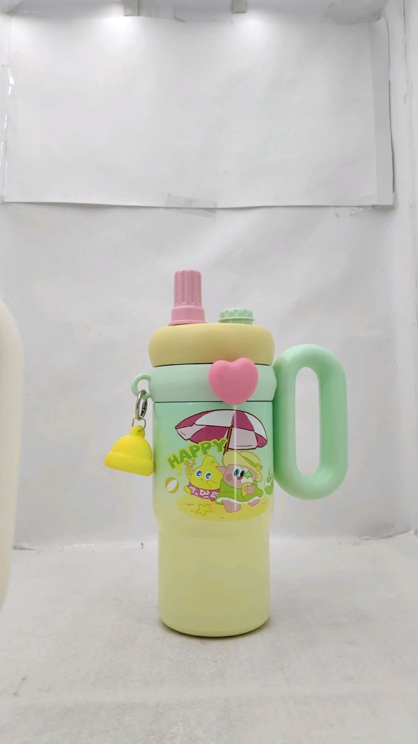 a Cartoon Kids Tumbler, specifically a stainless steel vacuum insulated water bottle featuring a fun character design and a convenient grab handle.