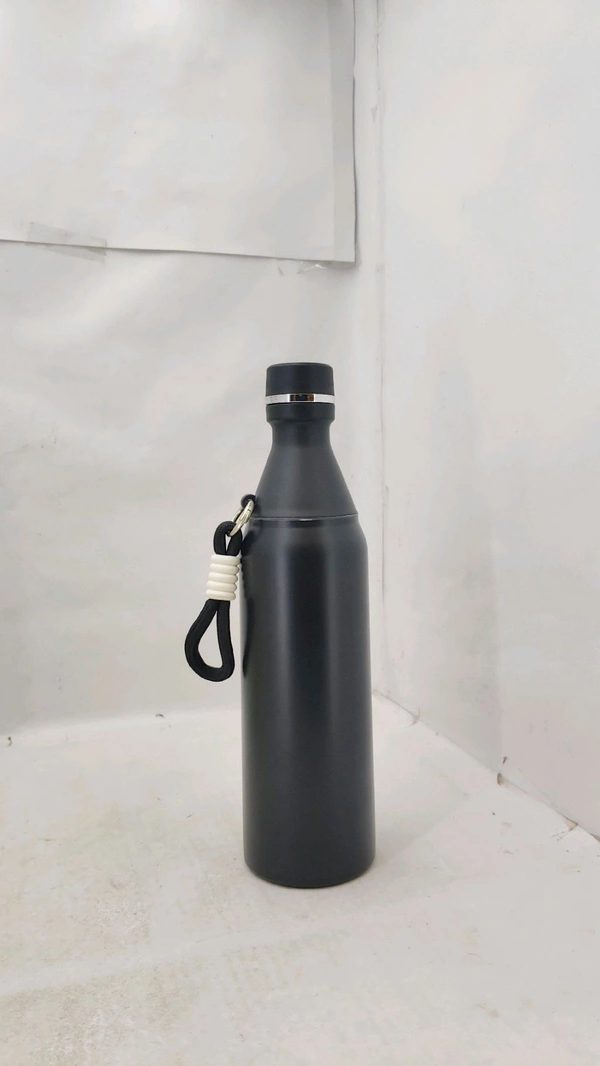 pastel Black and blue insulated water bottle features a convenient carrying strap for on-the-go hydration.