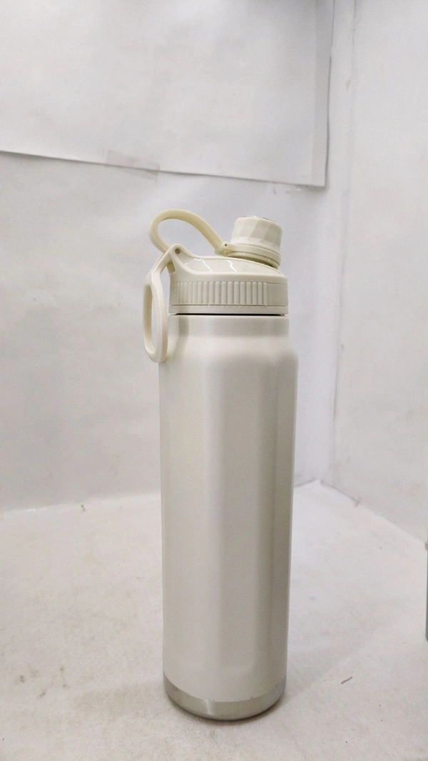 White stainless steel water bottle appears to be a similar style to the insulated bottles offered by brands like Solara or HoMafy.
