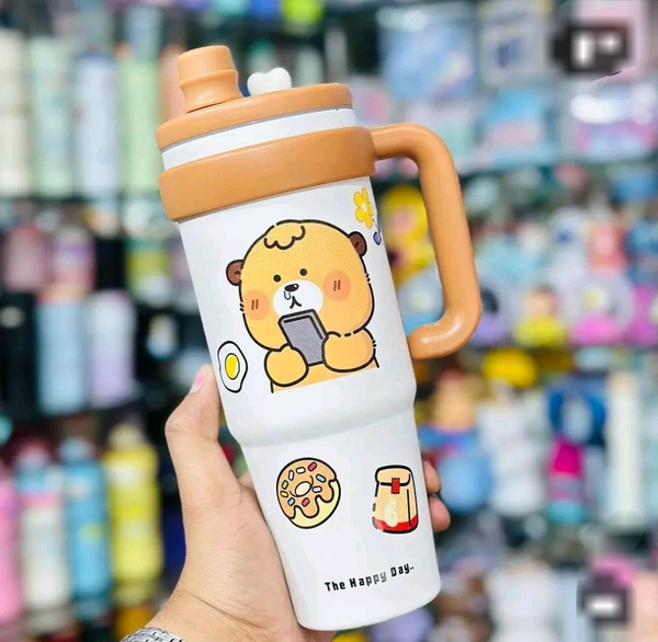 Cute Teddy Cartoon Printed Tumbler with Handle & Straw | Leak-Proof Insulated Travel Mug | Reusable Coffee & Water Cup for Office, School & Travel ( 900 ML )