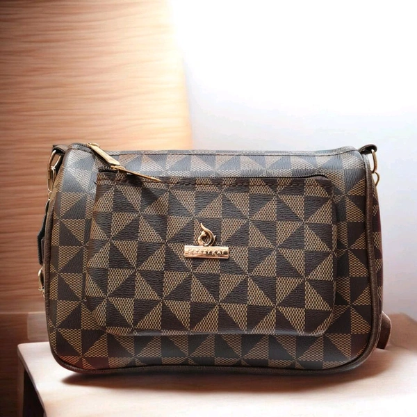 This Storite women's crossbody sling bag features a coffee-colored geometric monogram pattern and a gold-toned logo plaque.