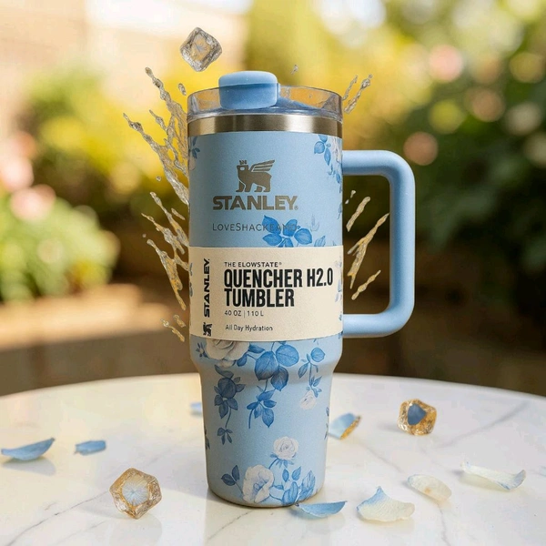 This Stanley x LoveShackFancy tumbler features a whimsical blue floral print and a convenient handle.2087