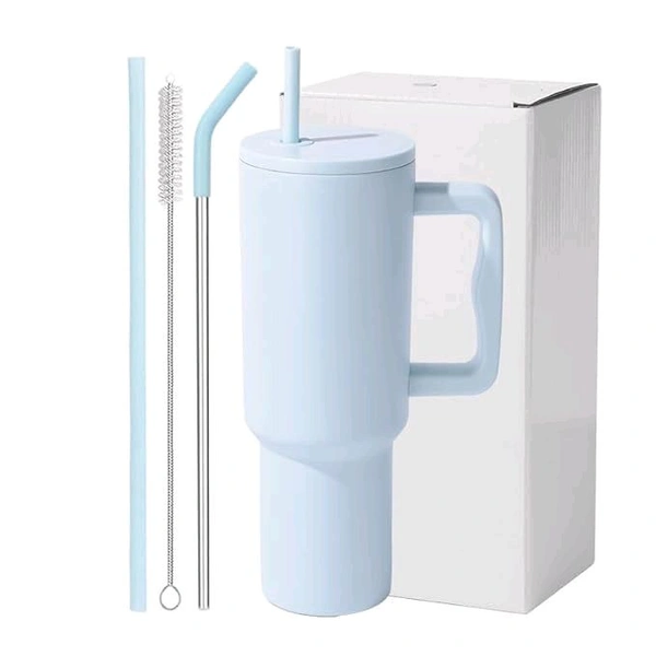 This Zenconi 1200ml insulated stainless steel tumbler comes in a light blue color and includes a reusable straw and cleaner.