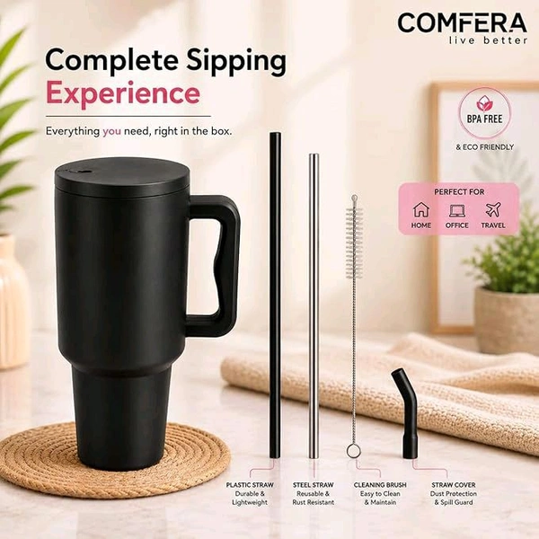 This Zenconi 1200ml insulated stainless steel tumbler comes in a Black color and includes a reusable straw and cleaner.