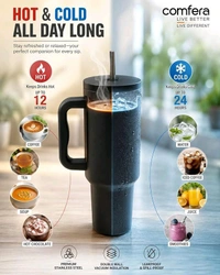 This Zenconi 1200ml insulated stainless steel tumbler comes in a Black color and includes a reusable straw and cleaner.