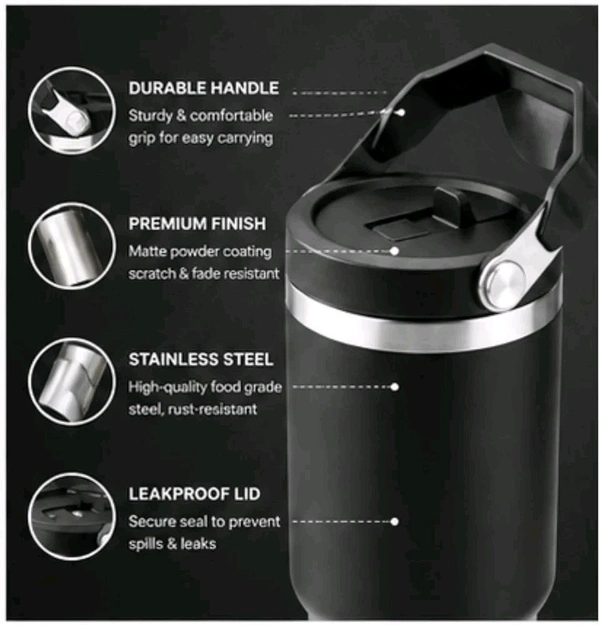 This is likely a black stainless steel vacuum insulated tumbler with a top handle, similar to models from brands like Pick Sip or Star Work.
