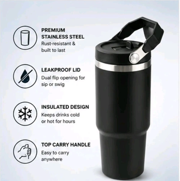This is likely a black stainless steel vacuum insulated tumbler with a top handle, similar to models from brands like Pick Sip or Star Work.