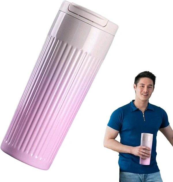 This white, vertical-striped travel tumbler features a vacuum-insulated stainless steel design with a pop-up lid.