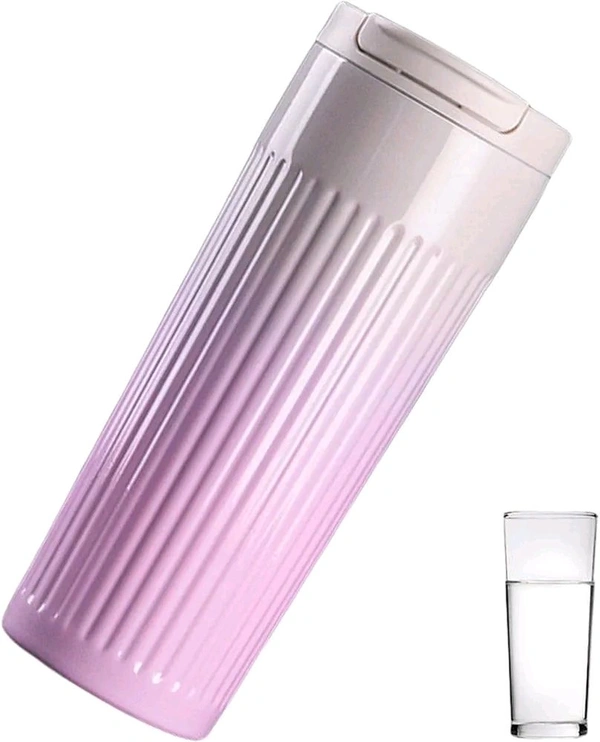 This white, vertical-striped travel tumbler features a vacuum-insulated stainless steel design with a pop-up lid.