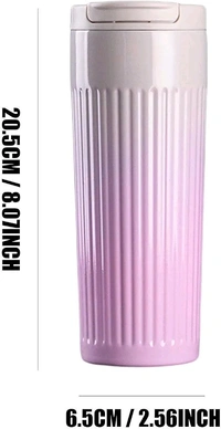 This white, vertical-striped travel tumbler features a vacuum-insulated stainless steel design with a pop-up lid.