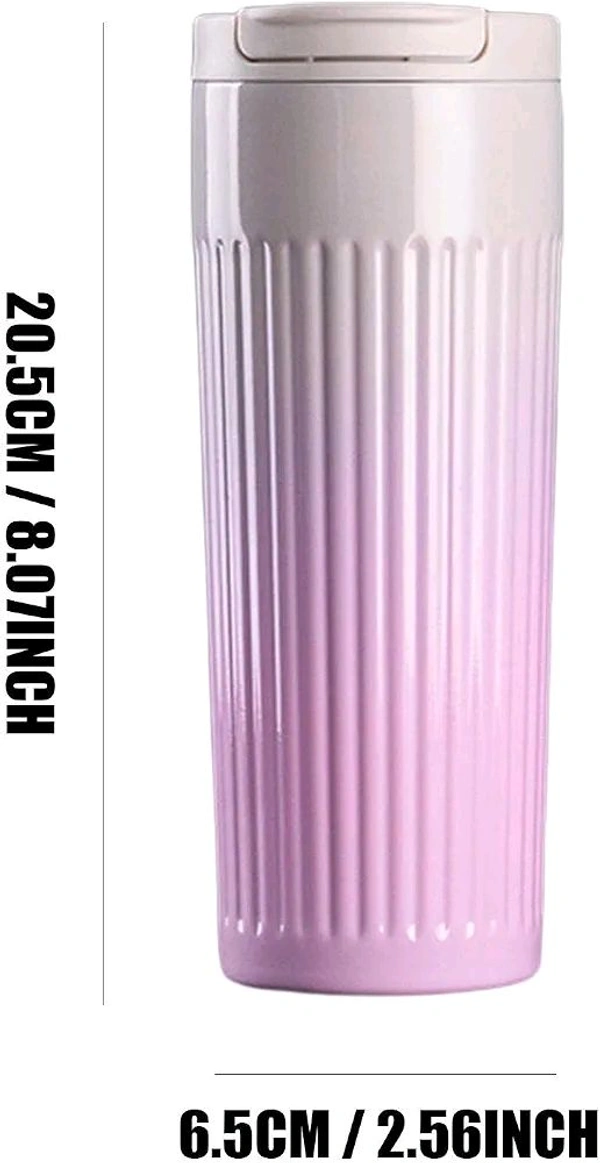 This white, vertical-striped travel tumbler features a vacuum-insulated stainless steel design with a pop-up lid.