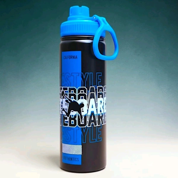 This matte black stainless steel bottle features a "California" and "Skateboard" graphic with a prominent red screw cap and carrying loop.