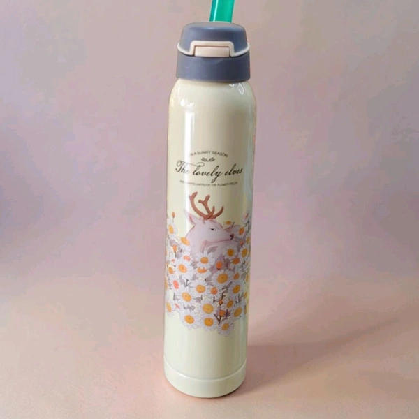 This stainless steel vacuum insulated water bottle features a "Lovely Elves" printed design with a deer and flowers.