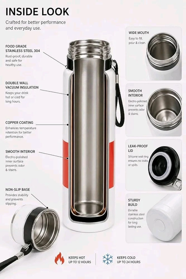 This white stainless steel vacuum features double-wall insulation, keeping drinks hot for 12 hours or cold for 24 hours.