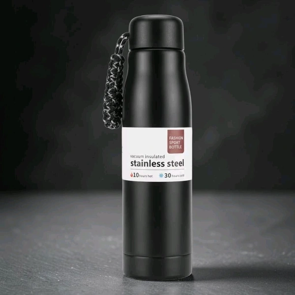 This Generic vacuum insulated stainless steel sport bottle features a black matte finish and a convenient carrying rope.2109