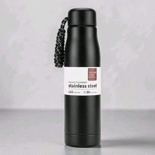 This Generic vacuum insulated stainless steel sport bottle features a black matte finish and a convenient carrying rope.2109