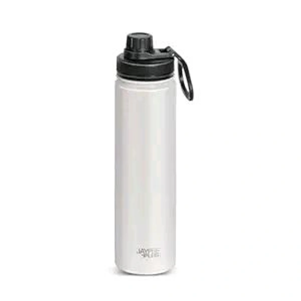 This is a white, insulated stainless steel vacuum bottle with a black, screw-top lid.