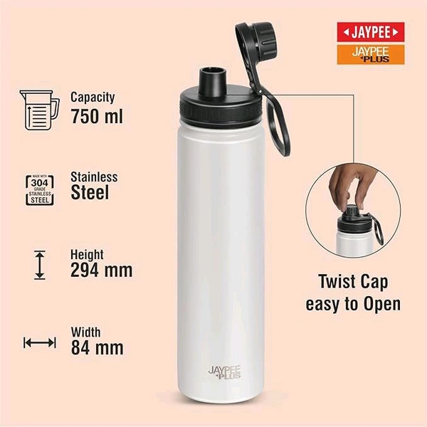 This is a white, insulated stainless steel vacuum bottle with a black, screw-top lid.