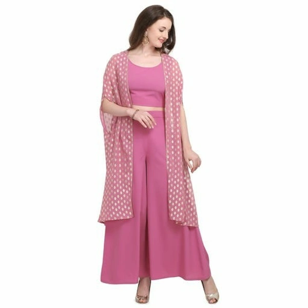 Women's Crepe Shrug Kurta Set with PalazzosKurta Fabric: Crepe - Pink, XS (Bust Size: 34 in, Bottom Waist Size: 26 in, Bottom Hip Size: 31 in, Bottom Length Size: 32 in)