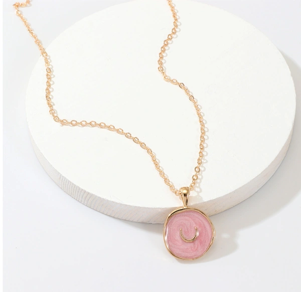 Moon and star décor irregular round charm necklace  - Pink