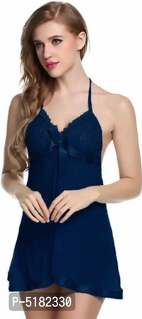 T D S INDIA Sexy Babydoll Honeymoon Nighty With G-String Panty for Girls (FREE SIZE)* - Navy Blue, Free Size(Waist - 30.0 - 38.0 Inches)